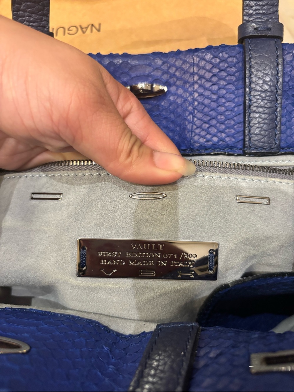 Designer snakeskin Blue Satchel Handbag - Picture 5 of 6